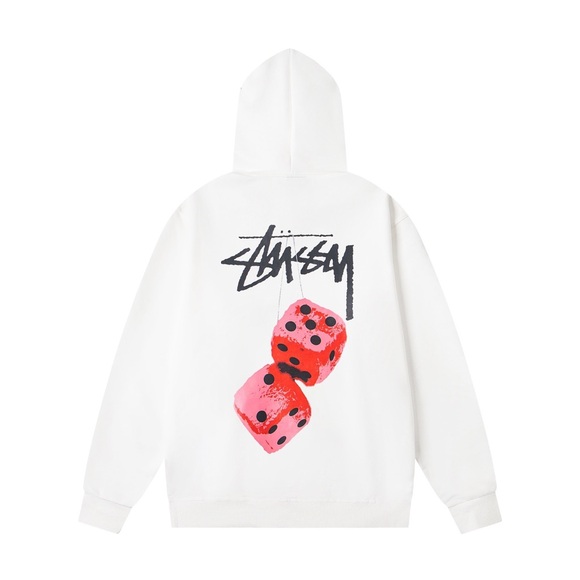 Stussy White Hoodie with Vibrant Pink Dice - Picture 1 of 9